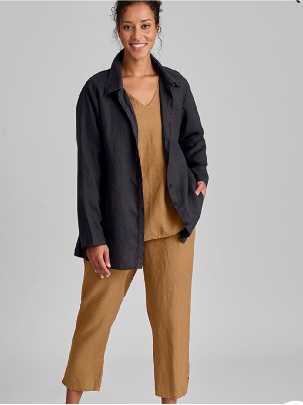 FLAX 100% Linen Casual Button-Up Jacket Blazer Vent Notch Lapel Pockets Black S